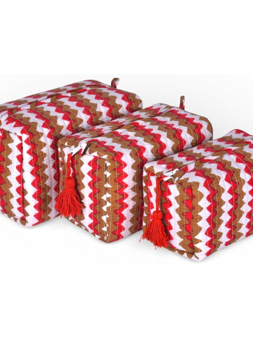 Quilted Block Print Stripe Makeup Bag Set of 3 – Cotton Travel Toiletry and Make